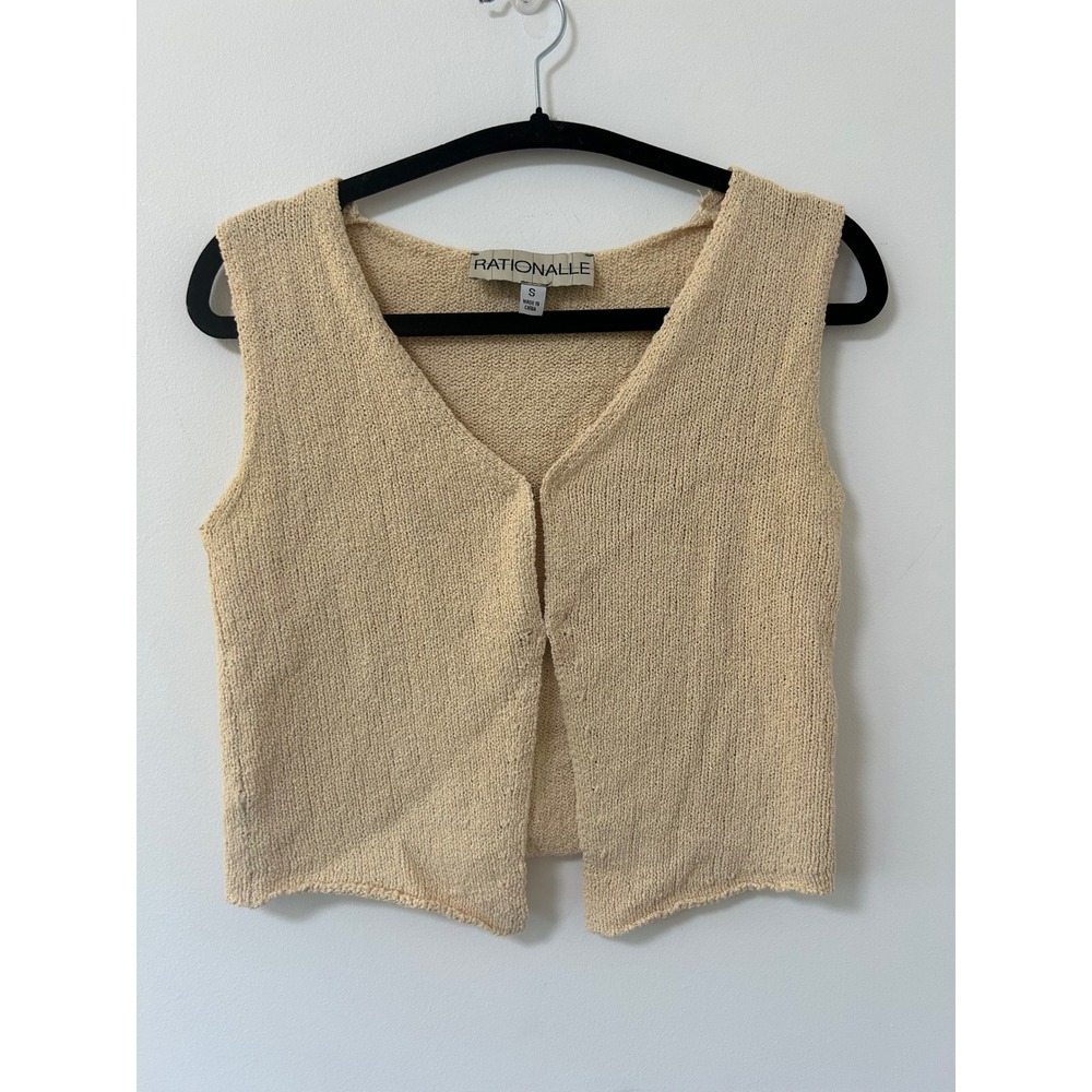 Rationalle‎ Womens Beige Cotton Blend Knit V-Neck Hook Eye Sweater Vest Size S